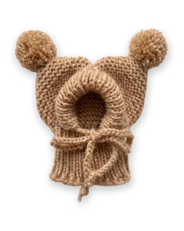 Camel knitted dog hood with two pom-poms