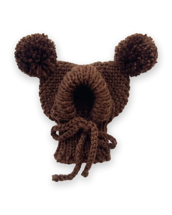Dark brown knitted dog hood with two pom-poms