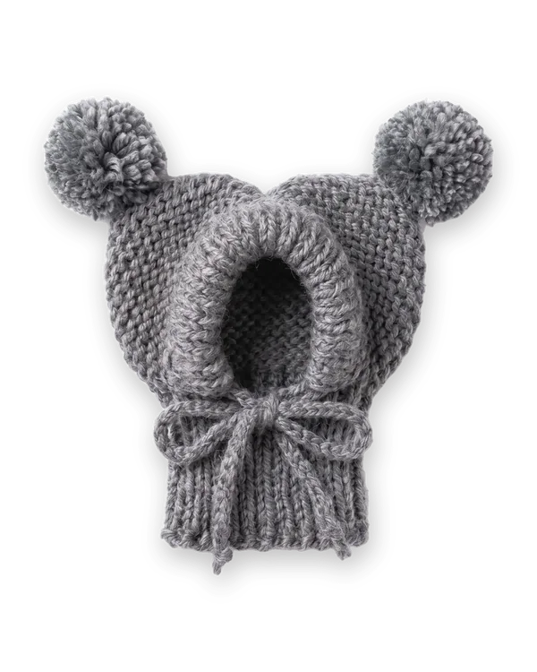 Grey knitted dog hood with two pom-poms