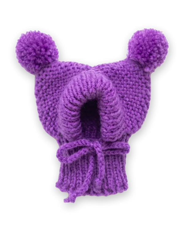 Purple knitted dog hood with two pom-poms